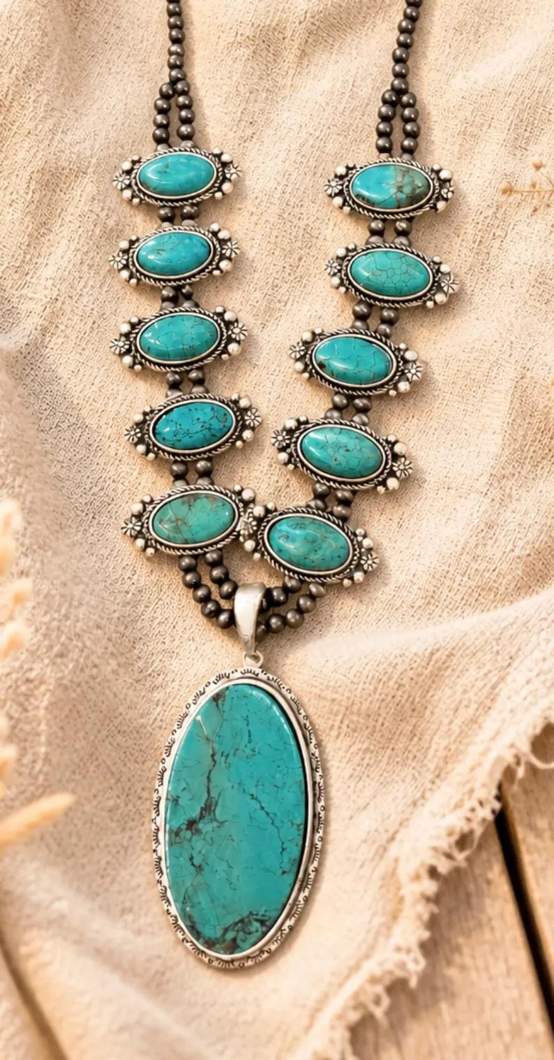 Western Turquoise Squash Blossom Necklace, Long Statement Necklace, Handmade Natural Stone | Etsy (Global)