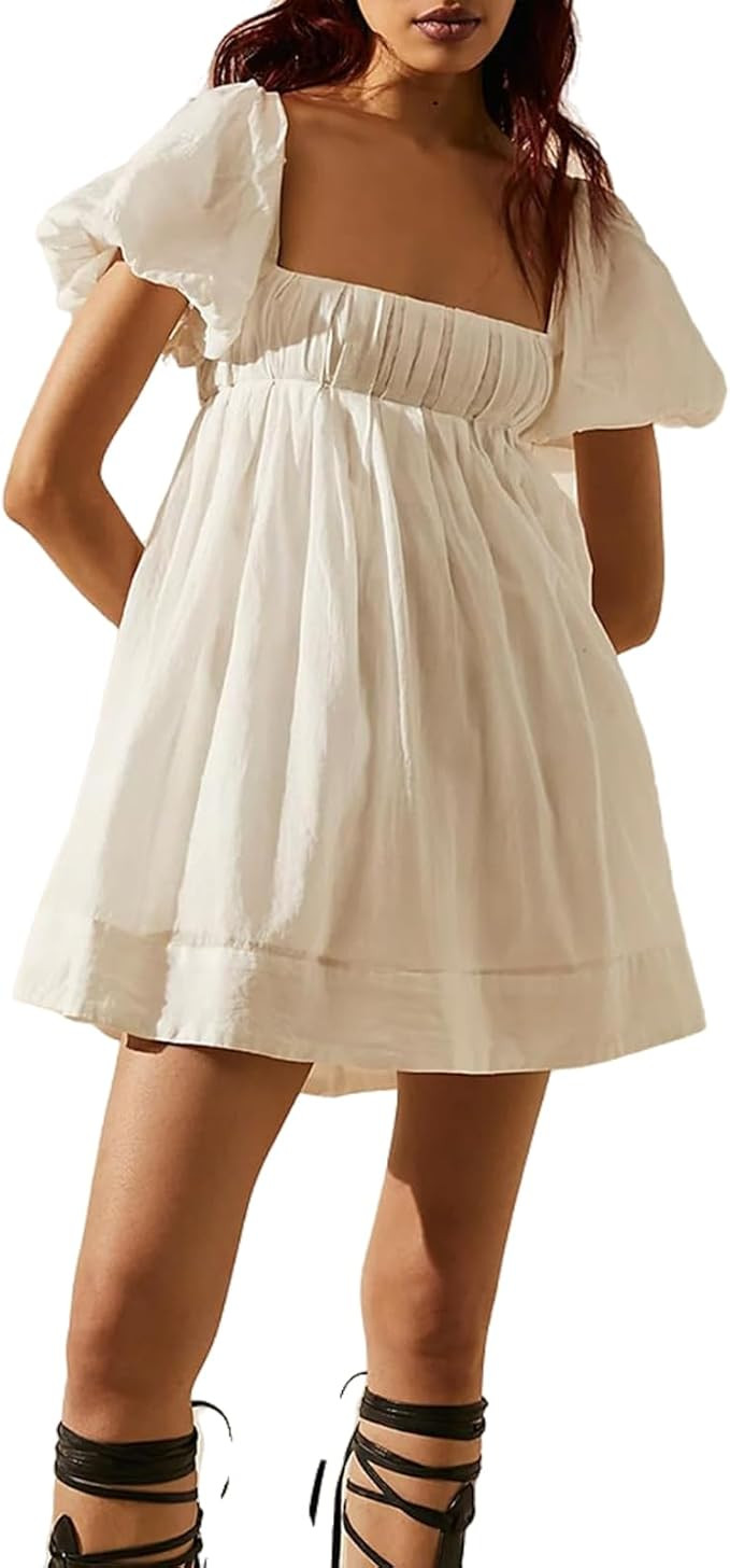 Womens Puff Sleeve Ruffle Dress U Neck Wrap Pleated Dress A Line Mini Dress | Amazon (US)