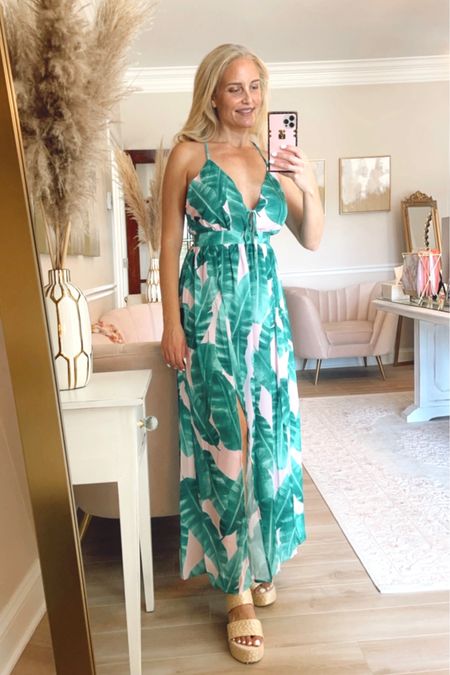 A gorgeous leaf print maxi dress that is perfect for a resort beach vacation! 

#LTKSeasonal #LTKunder100 #LTKstyletip