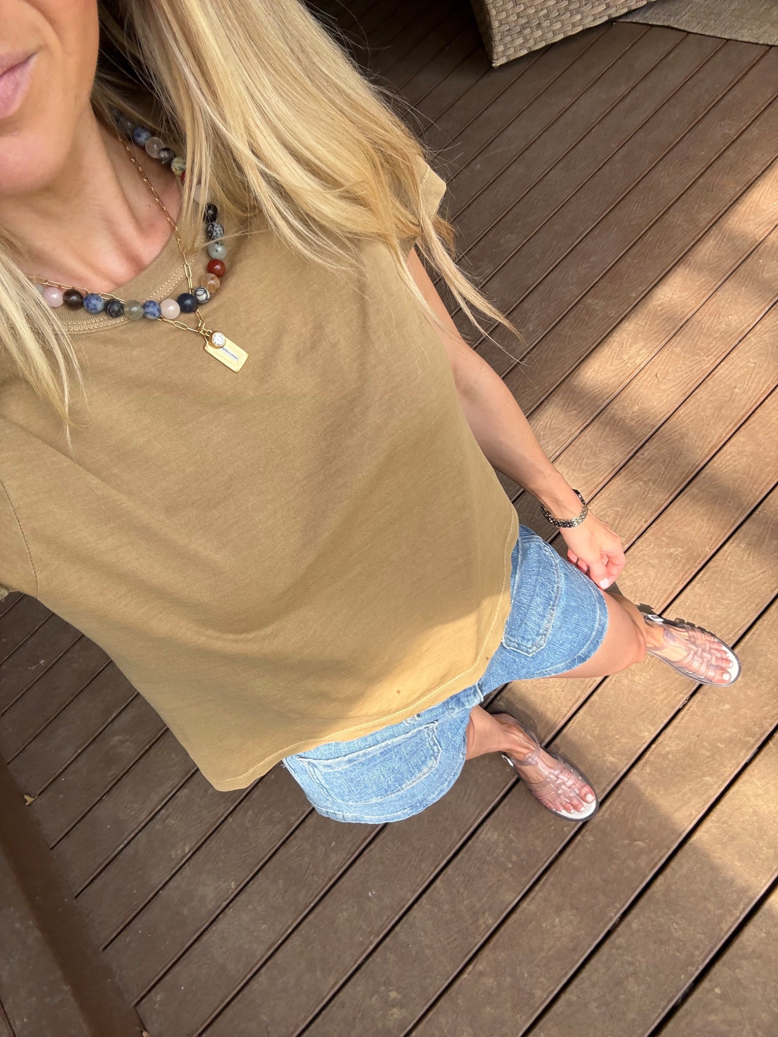 My favorite tshirts - true to size / in a small

Denim shorts - may run a big big / in a 25 could’ve gotten a 24 bc they stretch out 

Jelly sandals - true to size 

#LTKootd