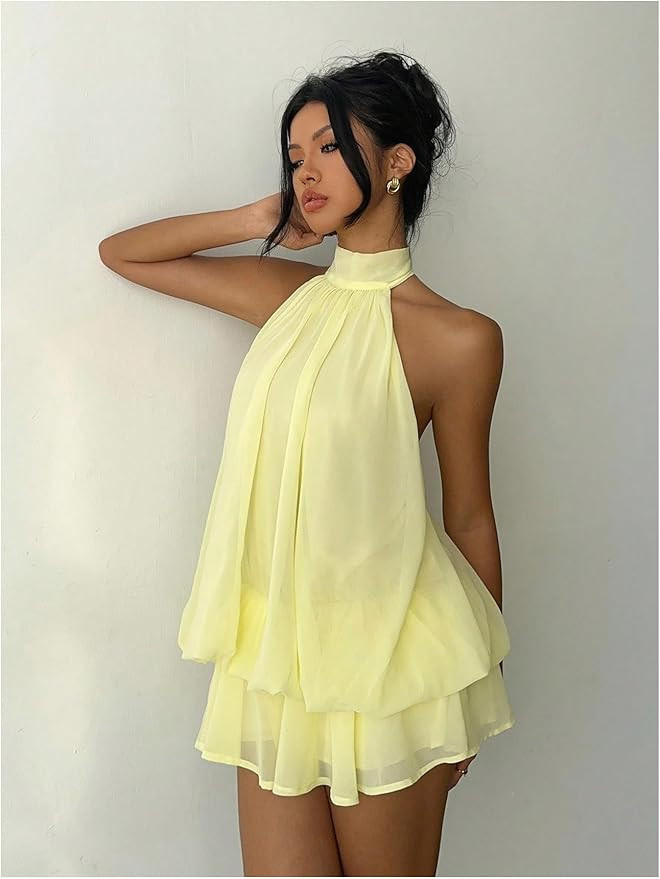 Verdusa Women's Chiffon Halter Drop Waist Wedding Guest Dresses Ruffle Summer Loose Fit Mini Dres... | Amazon (US)