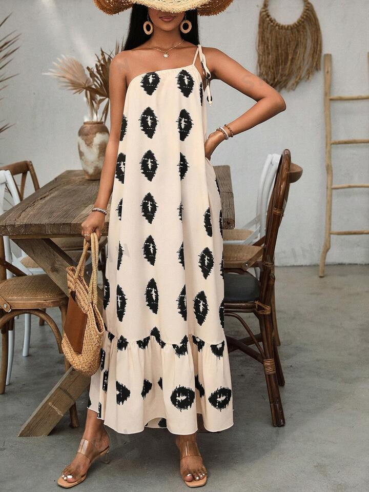 SHEIN VCAY Loose Casual One Shoulder Printed Dress | SHEIN