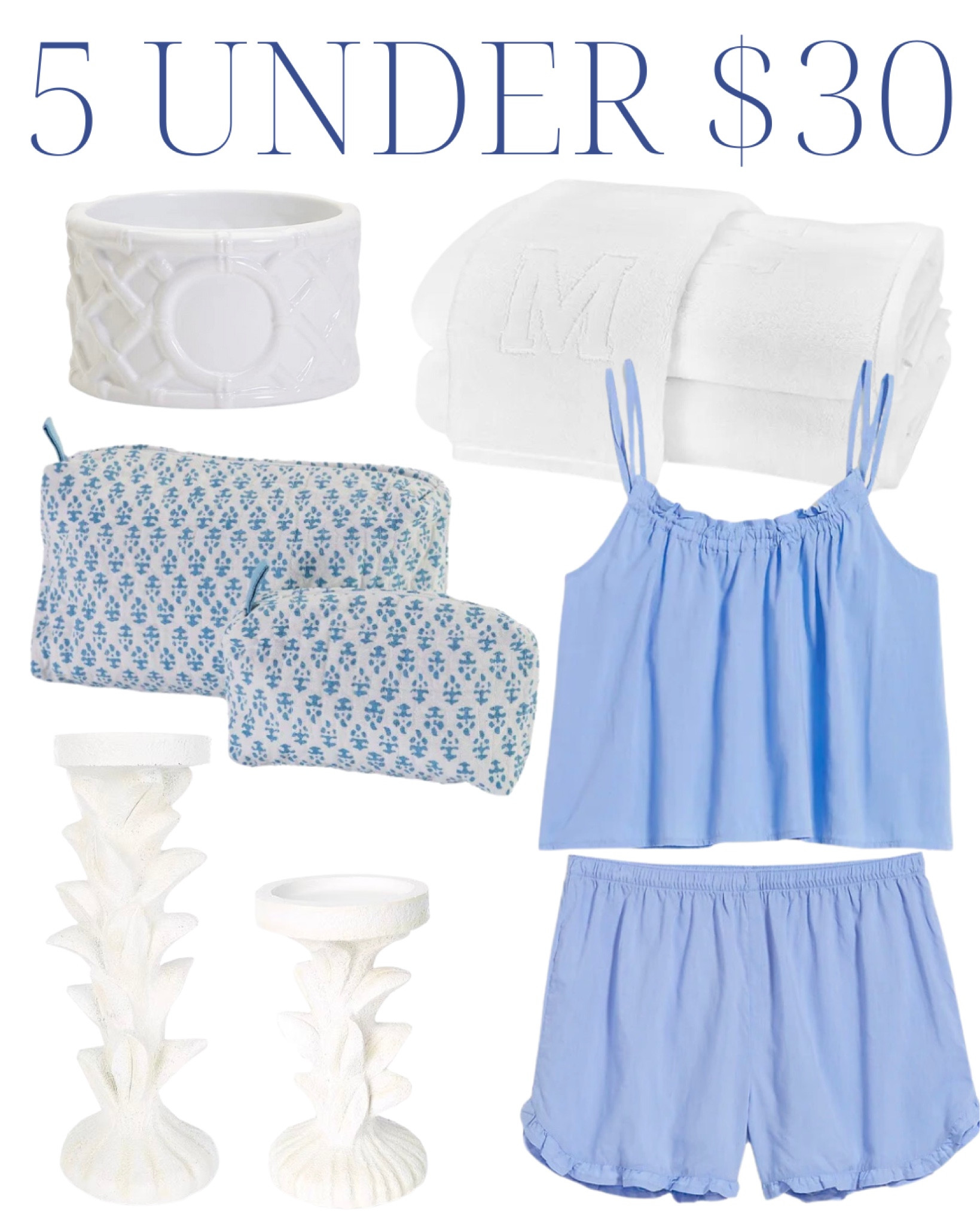 White bamboo wine bottle coaster, white monogrammed hand towel, light blue cotton pajamas tank linen lounge, light blue and white block print cosmetic bags, white coastal candle holders, classic home, summer style, classic style, grandmillennial home style 

#LTKSeasonal #LTKhome #LTKunder50