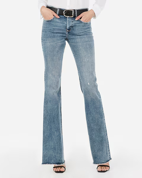 mid rise denim perfect raw hem flare jeans | Express