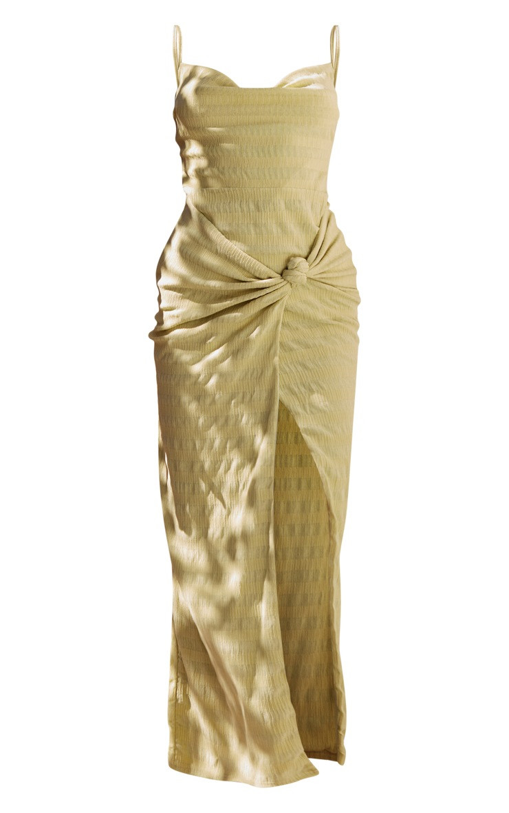 Olive Textured Cowl Knot Detail Maxi Dress | PrettyLittleThing UK