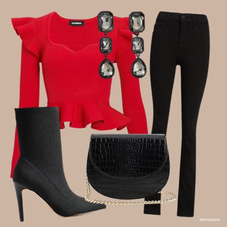 Holiday date night outfit perfect for a casual holiday party. Pair this red peplum sweater with black jeans or black faux leather pants with boots for a fun sexy look while staying warm! Plus it’s all on sale right now for Black Friday!! #ltksalealert #ltkitbag #ltkshoecrush 

#LTKCyberweek #LTKstyletip #LTKHoliday