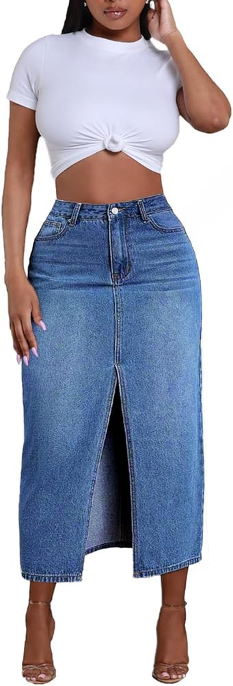 Jean Skirt for Women Denim Skirt High Waist Stretch Midi Denim Skirts with Pockets | Amazon (US)