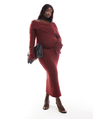 ASOS DESIGN Curve knitted midi dress with bardot wrap detail in burgundy | ASOS (Global)