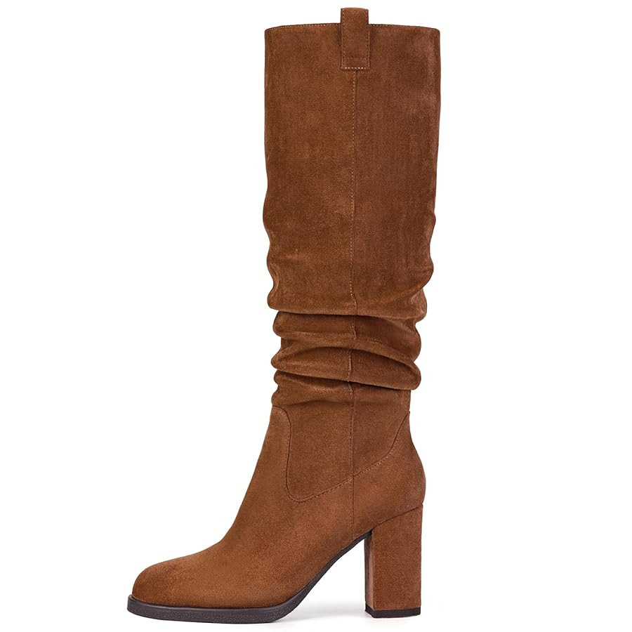 Suede Knee High Boots for Women - Tall Chunky High Heel Dress Boot with Side Zipper, Round Toe Ru... | Amazon (US)