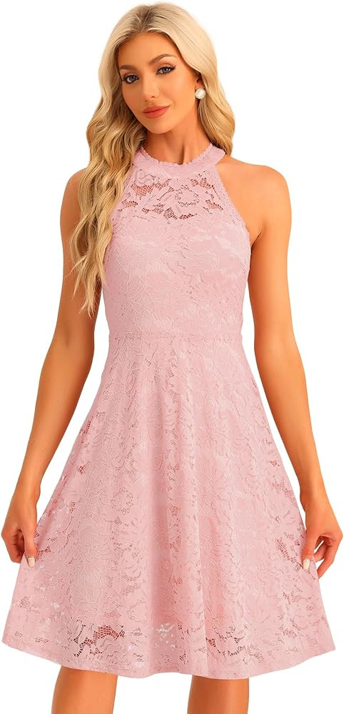 Allegra K Lace Cocktail Dress for Women's Elegant Halter Wedding Guest Bridesmaid Party Dress | Amazon (US)