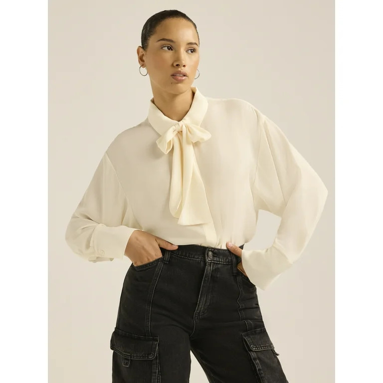 Scoop Women's Tie Neck Blouse with Long Sleeves, Sizes XS-XXL | Walmart (US)
