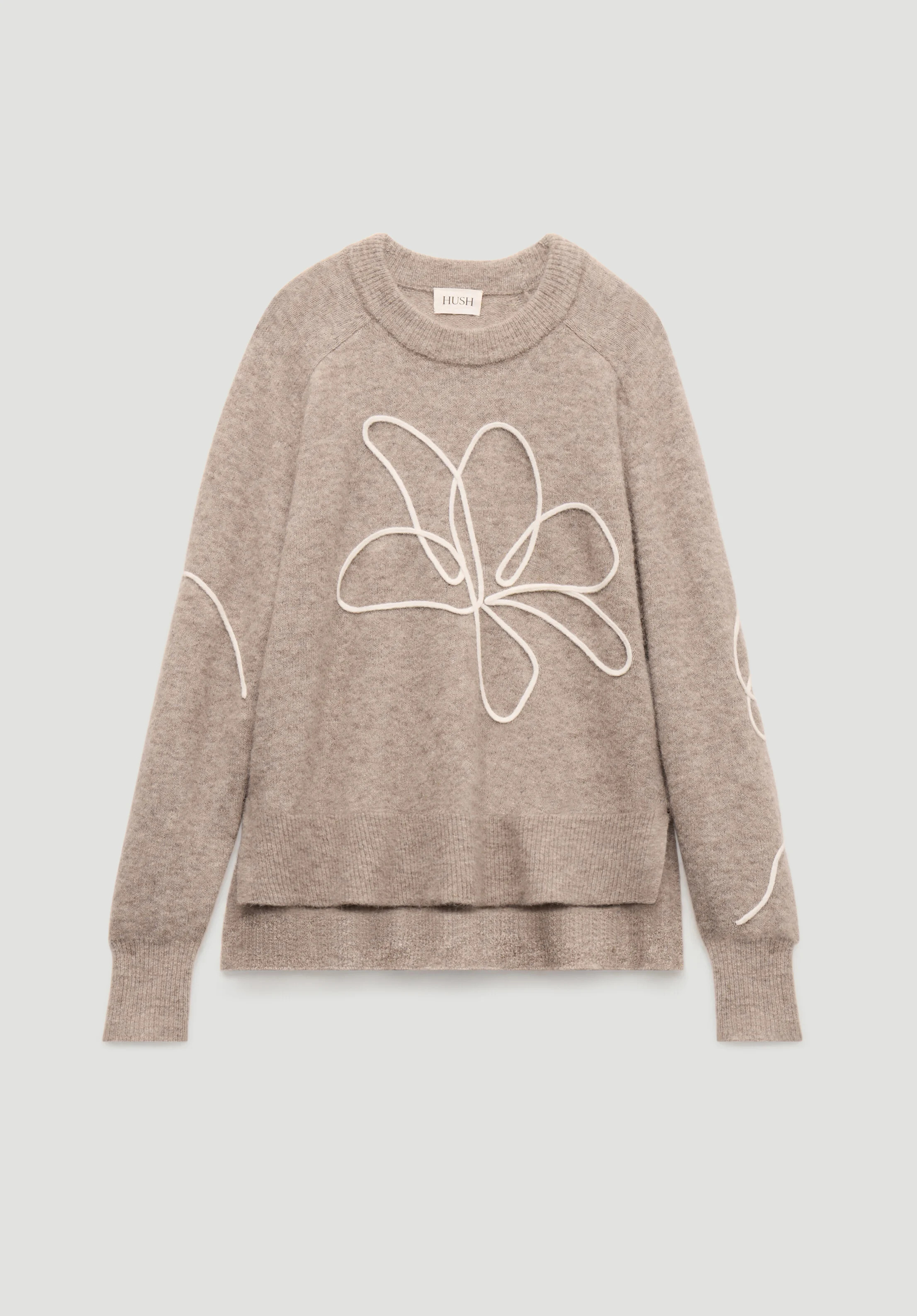 Wool Blend Crew Neck Sweater with Flower Motif | Hush UK