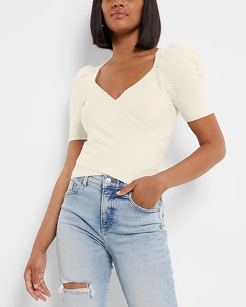 Ribbed Faux Wrap Puff Sleeve Sweater | Express