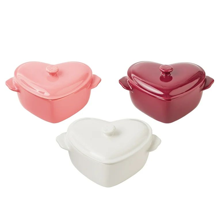 3-Piece Mix Colored Mini Hearts Ceramic Baking Dish with Lid, The Pioneer Woman 6.45" | Walmart (US)