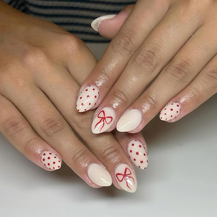 Christmas Polka Dot Press on Nails Medium Cute Fake Nails Almond False Nails Press ons with Red B... | Amazon (US)