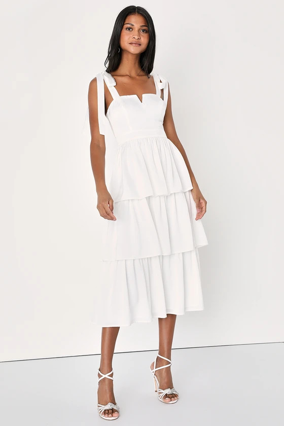 Essential Romance White Satin Tie-Strap Tiered Midi Dress | Lulus (US)