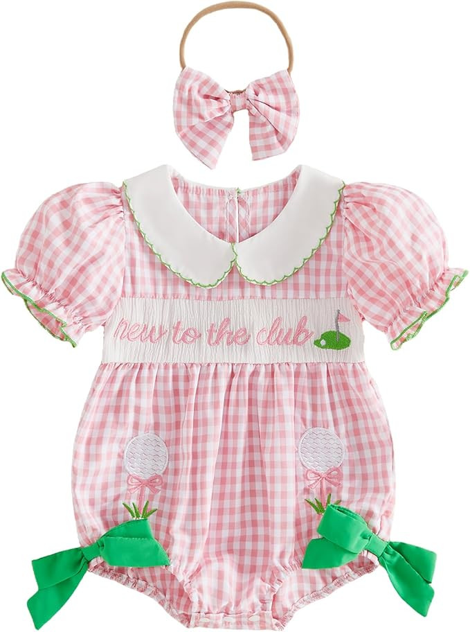 Baby Girl Golf Clothes Newborn Bubble Romper Short Sleeve Smocked Bodysuit Cute One Piece Outfit ... | Amazon (US)