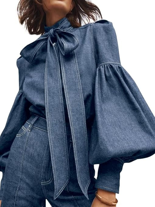Womens Denim Blouse Pullover Bow Embellished Long Puff Sleeve Jean Buttoned Vintage Shirts Tops | Amazon (US)