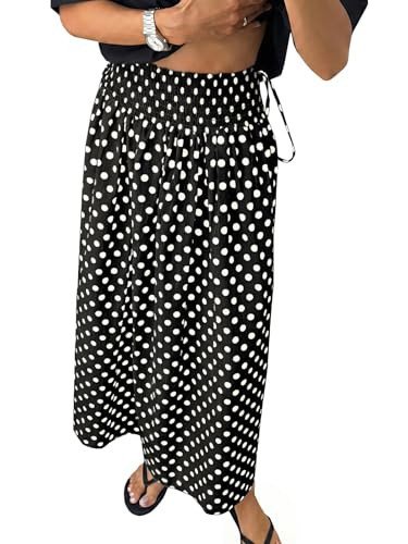 Tankaneo Womens Polka Dot Maxi Skirts Boho Smocked High Waisted Tie Skirt Casual Beach Vacation Dress Black | Amazon (US)