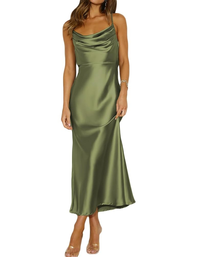 Summer Satin Spaghetti Strap Cowl Neck Backless Midi Dresses for Women Elegant Tie Low Back Ruche... | Amazon (US)