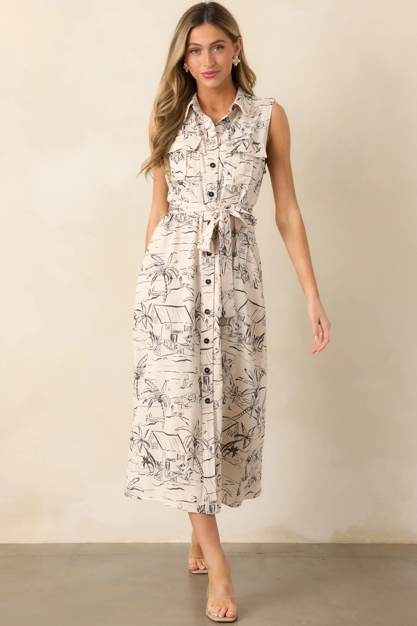 Island Heartbeat Ivory Button Front Midi Dress | Red Dress