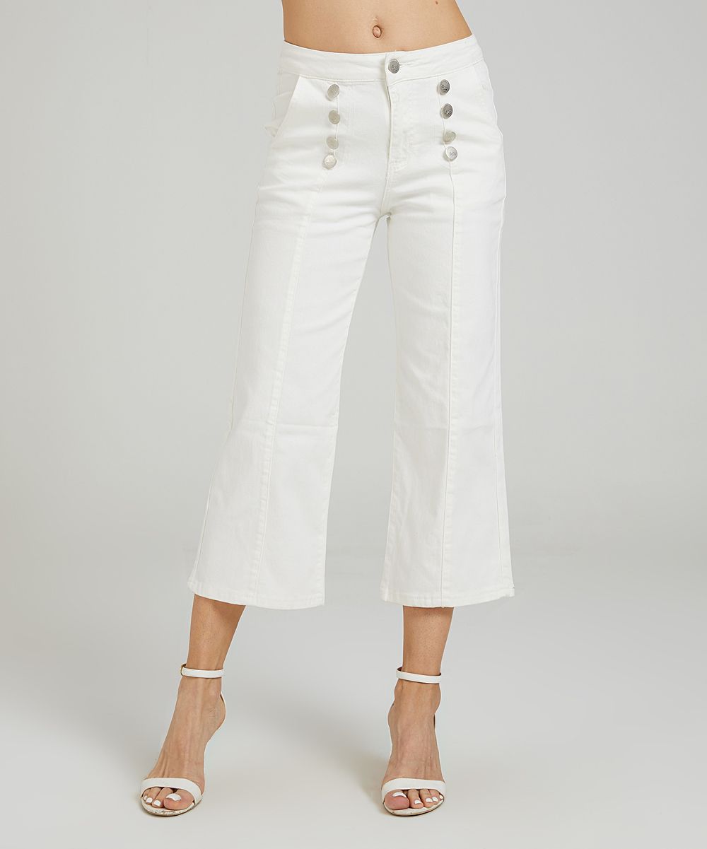 Suzanne Betro Women's Denim Pants and Jeans 101OFF-WHITE - White Sailor Button Wide-Leg Crop Pants - | Zulily
