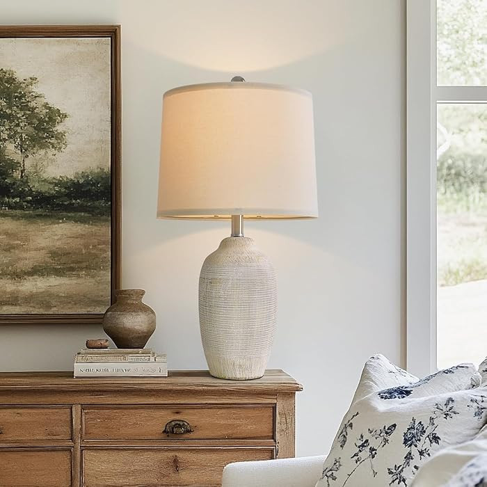 24 inch Vintage Ceramic Table Lamp - Single Farmhouse Rustic Bedside Lamp with Natural Textured F... | Amazon (US)