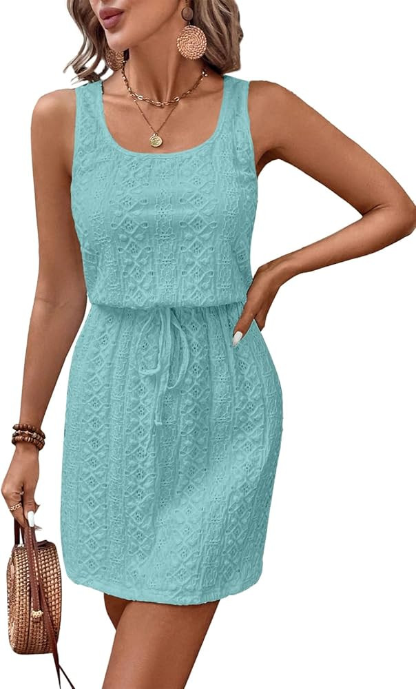 Acelitt Spring Summer Tank Dresses for Women 2025 Hollow Out Textured Drawstring Mini Dress | Amazon (US)