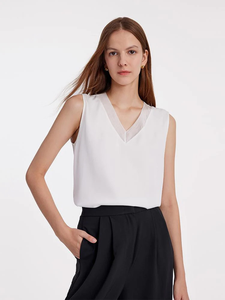 White Acetate V-Neck Tank Top - White / M | GOELIA