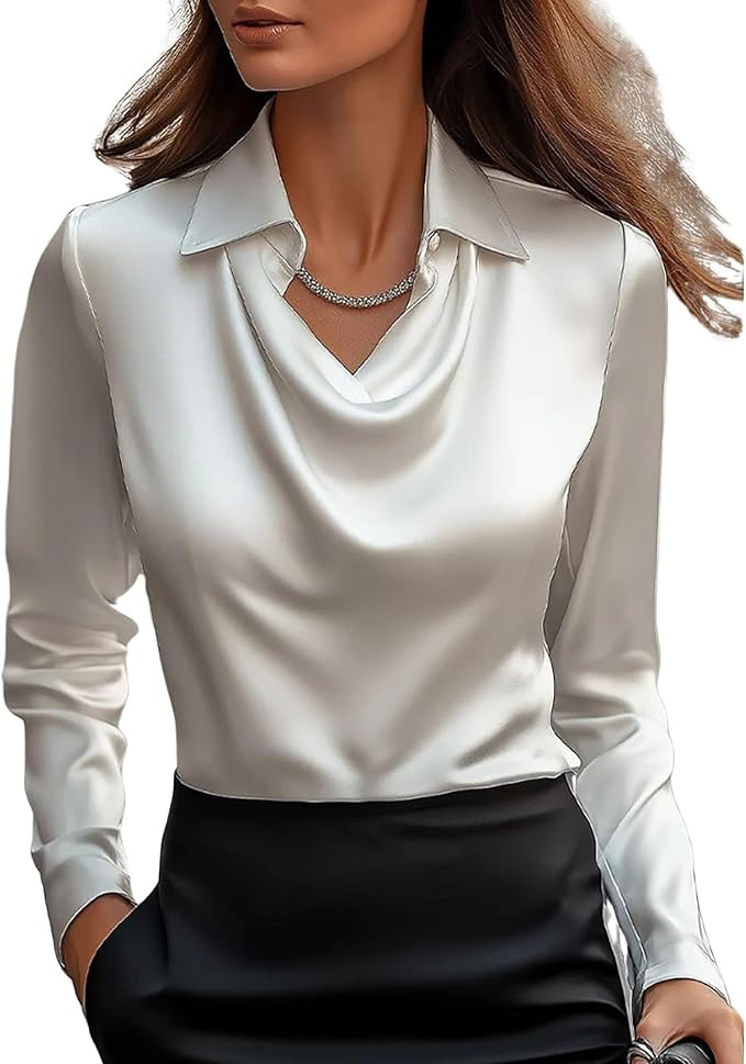 CORIRESHA Women's Elegant Cowl Neck Satin Blouse Long Sleeve Office Work Shirt Silk Top | Amazon (US)