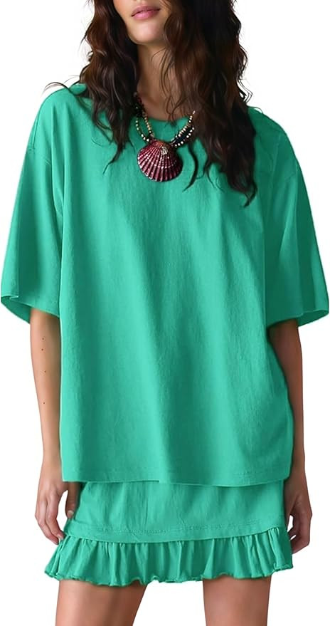 Esmeling Women Summer 2 Piece Skirt Sets Round Neck Short Sleeve Outfits Casual Tops and Pleated ... | Amazon (US)