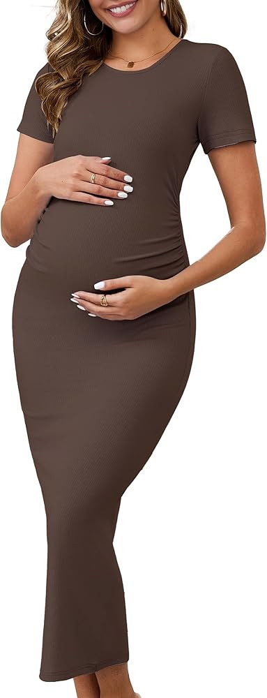 Women Maternity Dress Bodycon Midi Side Ruched Ribbed Short Sleeve Cocktail Pregnancy Photoshoot ... | Amazon (US)