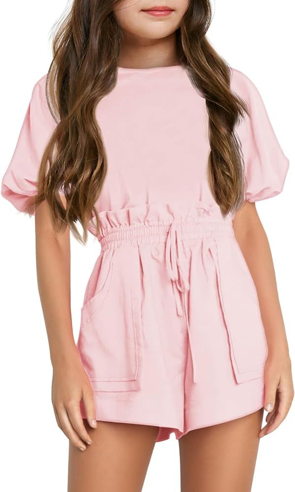 Haloumoning Girls 2 Piece Outfits Summer Puff Sleeve Tops And Elastic Waist Shorts Set with Pocke... | Amazon (US)