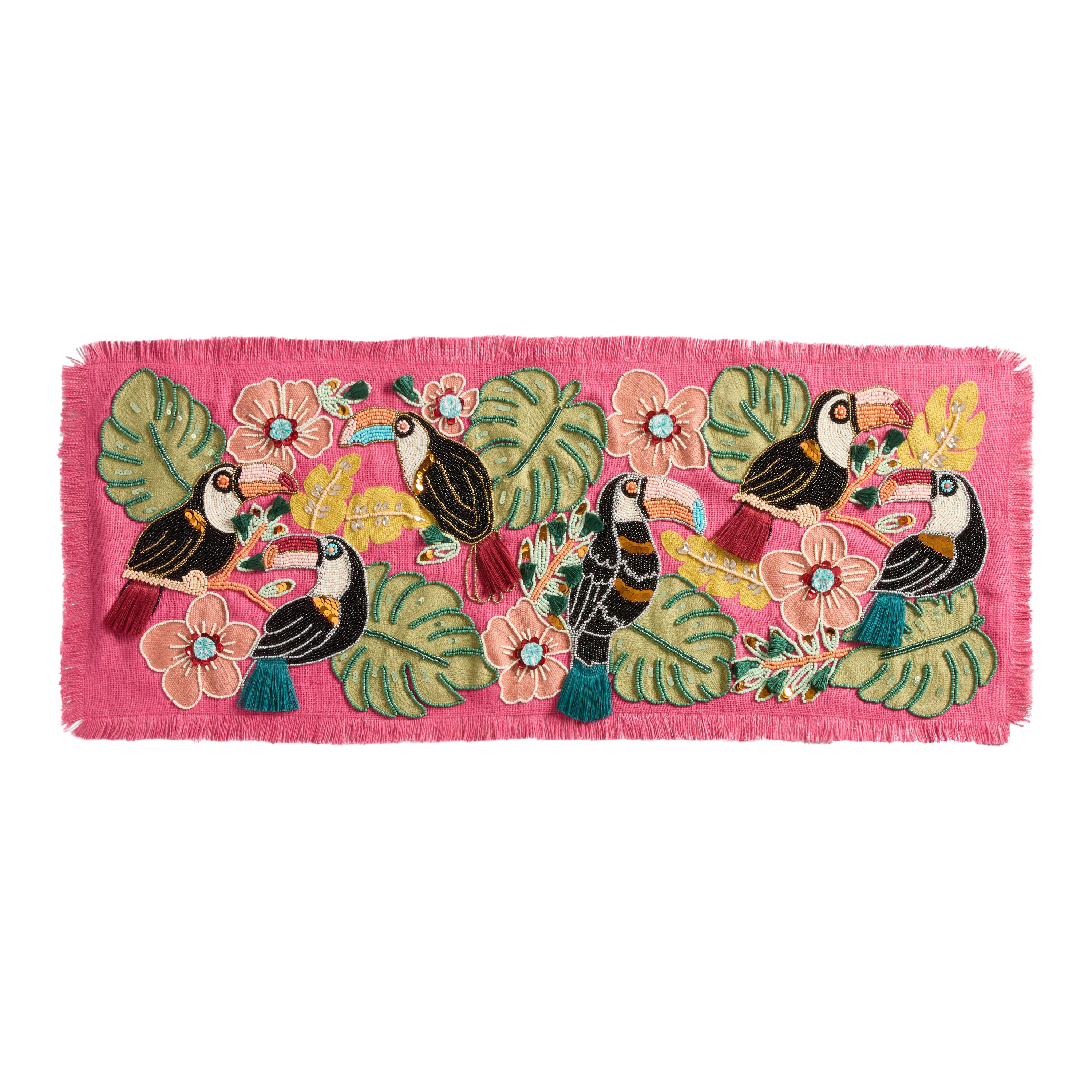 Hot Pink Jute Tropical Toucan Beaded Embroidered Table Runner - World Market | World Market