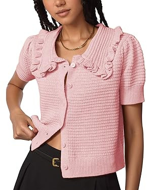 Watashi Womens Short Sleeve Cardigan Casual Button Down Ruffle Collared Lightweight Knittwear Sum... | Amazon (US)