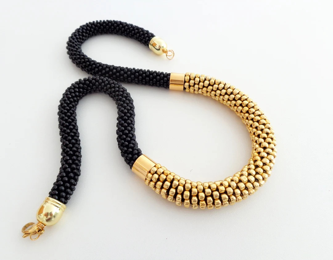 Black and Gold Beaded Rope Necklace, Mother's Day Gift Idea, Bead Crochet Necklace, Beaded Neckla... | Etsy (US)