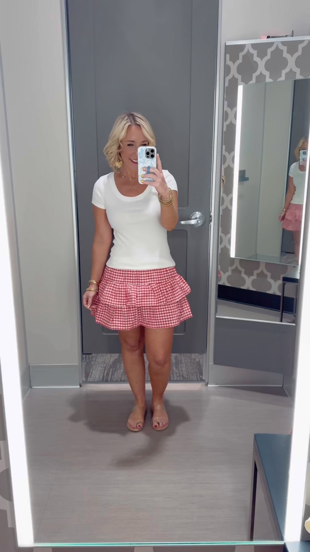 Target in store try-on (tops & bottoms): 
• White scoop neck t-shirt - size small. 
• Red gingham skort - size small (needed a medium).

#LTKSeasonal #LTKPetite #LTKFindsUnder50
