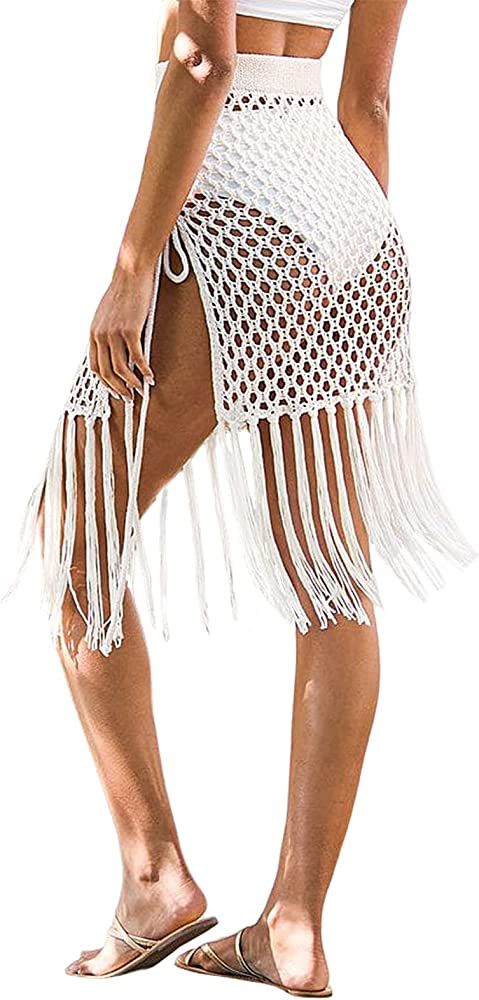 ZAFUL Women's Crochet Beach Cover Up Skirt for Swimsuit Shells Tassel Hollow Out Knit Bikini Wrap... | Amazon (US)