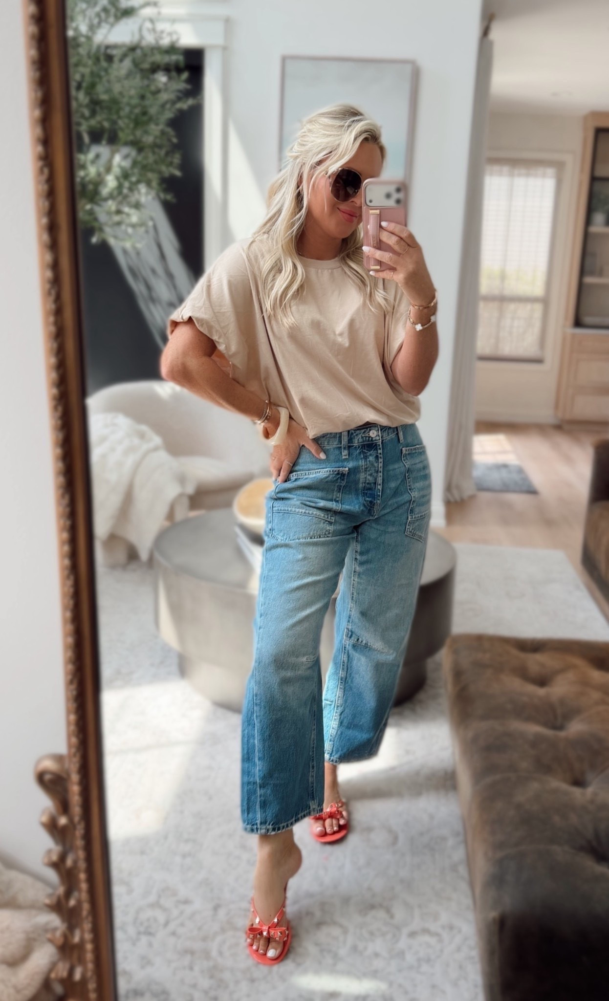 They took the tie belt off our FAVORITE barrel jeans! I’m in love! Also got bone white! I did my tts
Bubble tee is Amazon! Best seller! ✨I size up for length to med.

Casual outfits. Spring tops. Spring jeans. Sandals.

#LTKootd #LTKgrwm