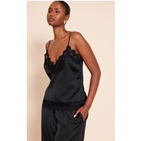 Black Satin V Neck Trim Detail Cami Top | PrettyLittleThing US