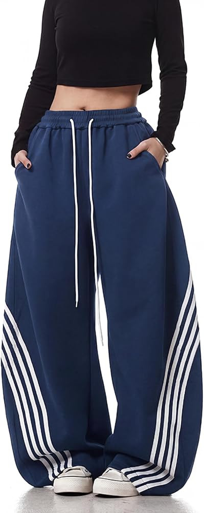 EMMIOL Women\u2019s Y2K Baggy Barrel Striped Sweatpants High Waisted Wide Leg | Amazon (US)