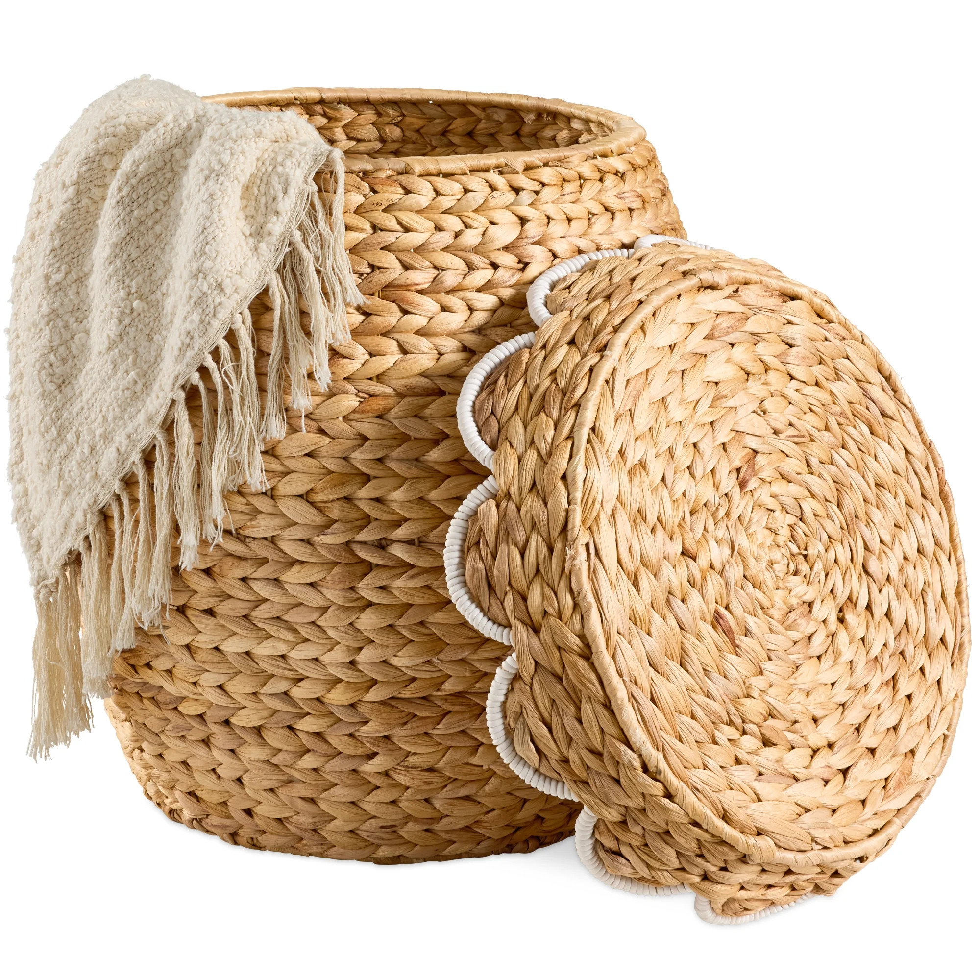 Best Choice Products Scalloped Water Hyacinth Storage Tote Basketwith Lid - Natural with White Tr... | Walmart (US)