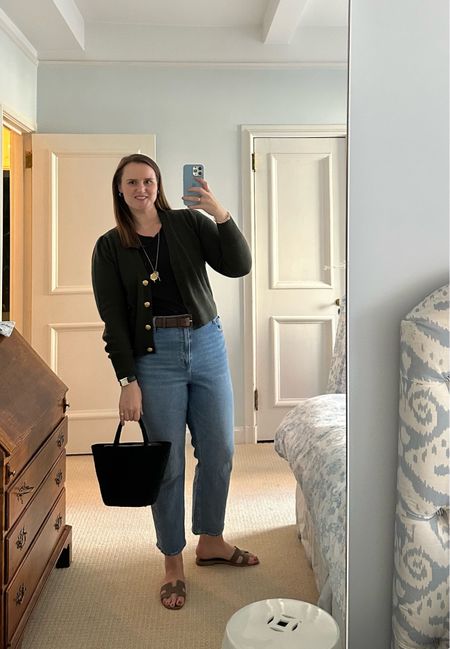 Outfit of the day. 
Abercrombie jeans. JCrew brown suede belt. Nuuds Black tank bodysuit. Veronica Beard green cashmere cardigan. 

*Bag is Jenn Lee (so can’t link bc not on LTK.) 