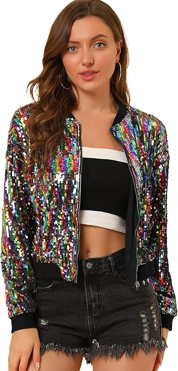 Allegra K Women's Sequin Jacket Casual Long Sleeve Zipper Fall Winter Shiny Glitter Sparkly Bombe... | Amazon (US)