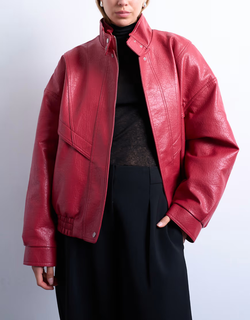 Topshop double fronted seam detailing bomber jacket in red | ASOS (Global)