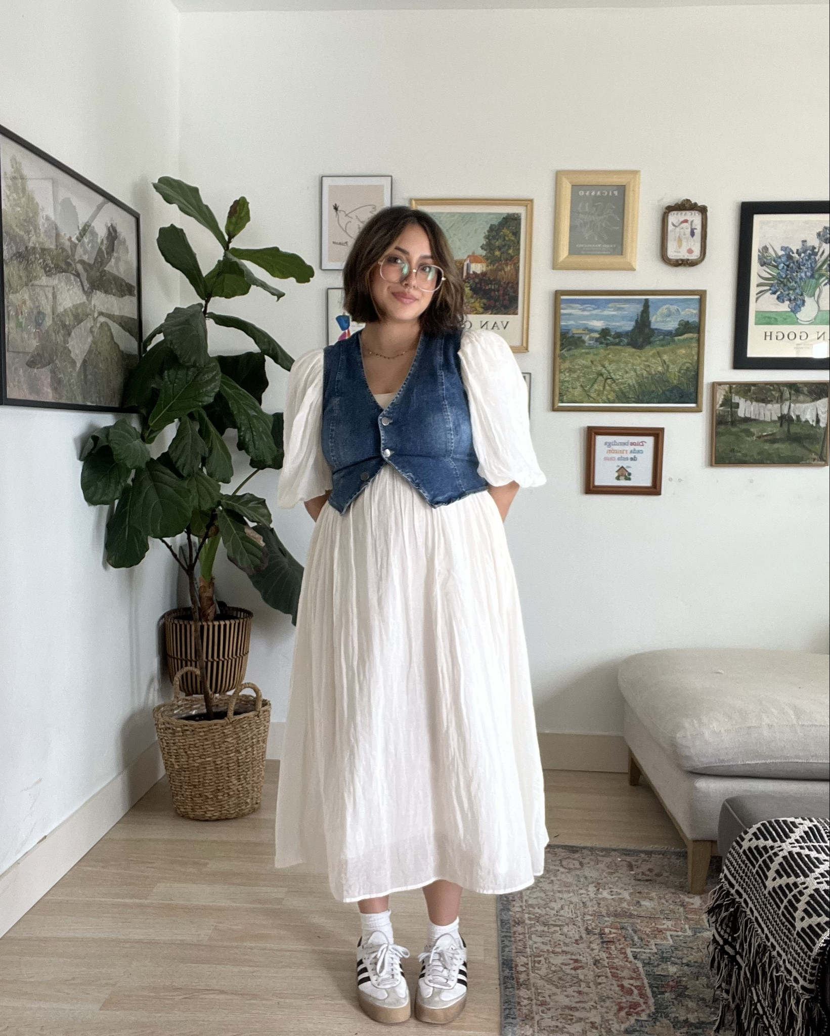 the cutest white linen dress perfect for spring, pregnancy, brides to be and even a gender neutral baby shower! styled with a denim vest and sambaes! wearing a size medium dress. vest isn’t exact one(sold out) but found a dupe on amazon! 