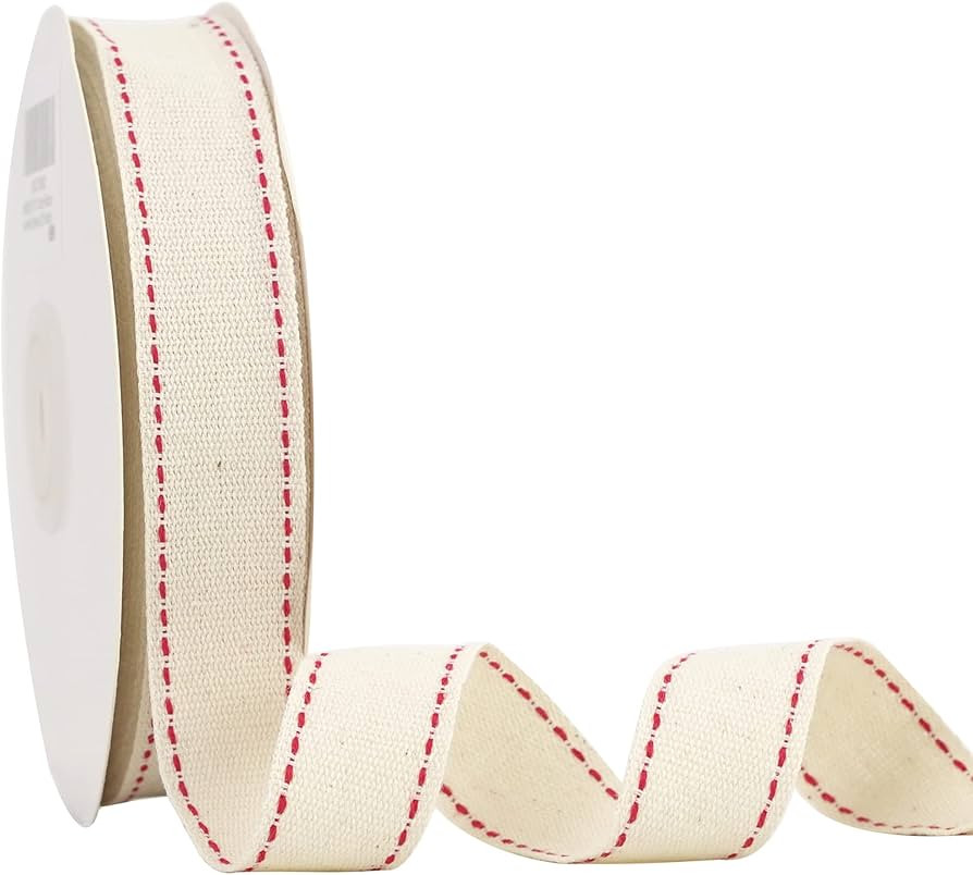 MEEDEE 7/8 inch Cotton Ribbon with Red Stitched Double Red Trim Cotton Ribbon for DIY Crafts, Gif... | Amazon (US)
