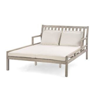 Light Gray Wood Outdoor Day Bed with Beige Cushions and Four Pillows, Curved Armrests for Poolside, Backyard, Garden | The Home Depot