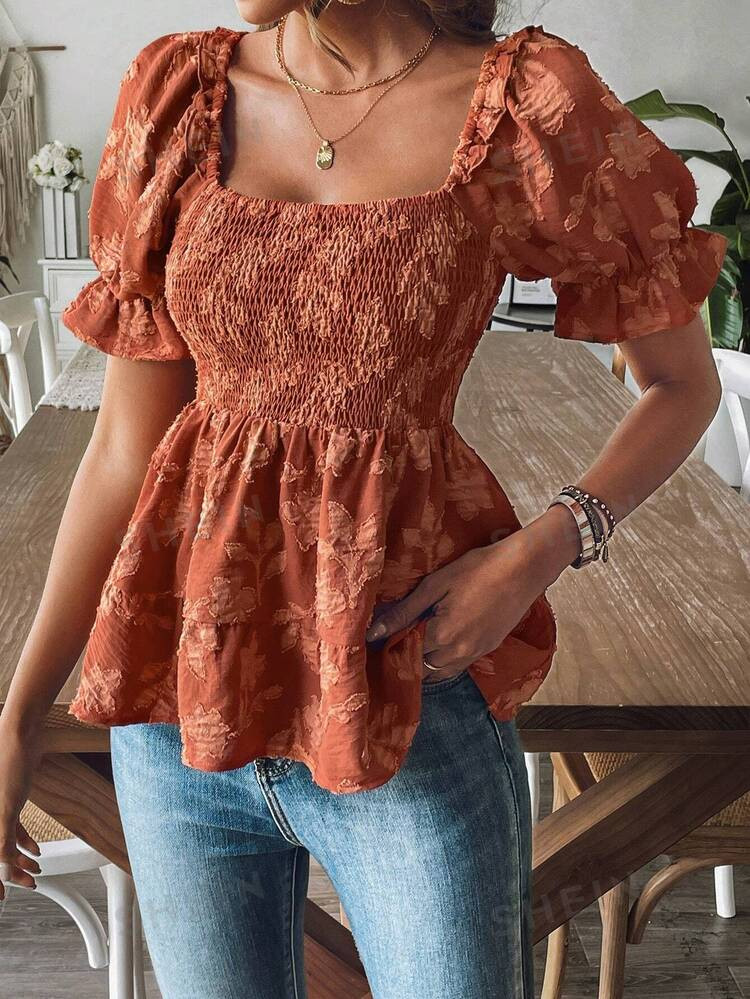 SHEIN Essnce Floral Print Ruffle Collar Short Sleeve Button Down Shirt, Summer | SHEIN