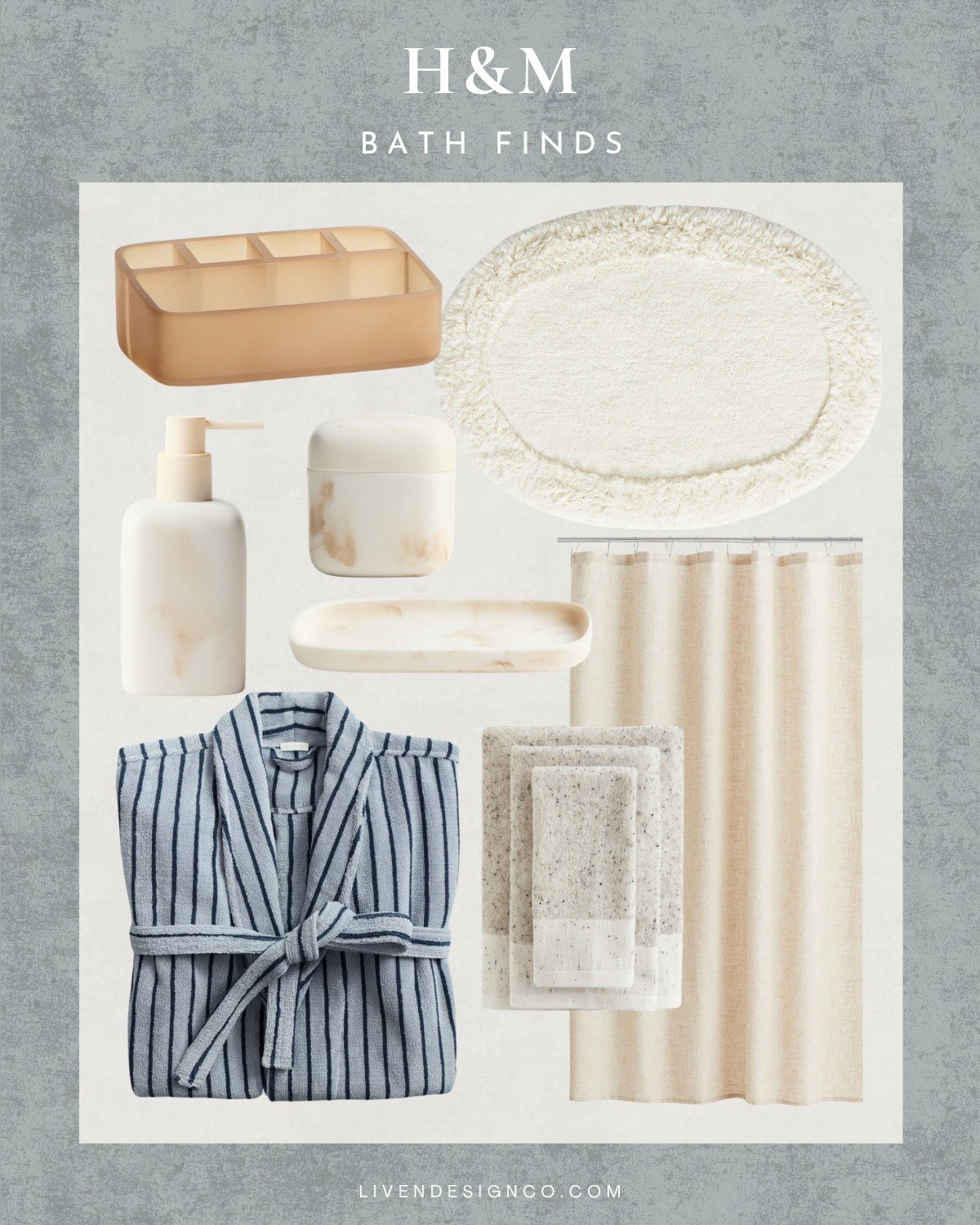 H&M bath decor. Bath mat. Bathroom robe. Bath storage. Bath mat. Shower curtain 

#LTKSeasonal #LTKHome #LTKSaleAlert